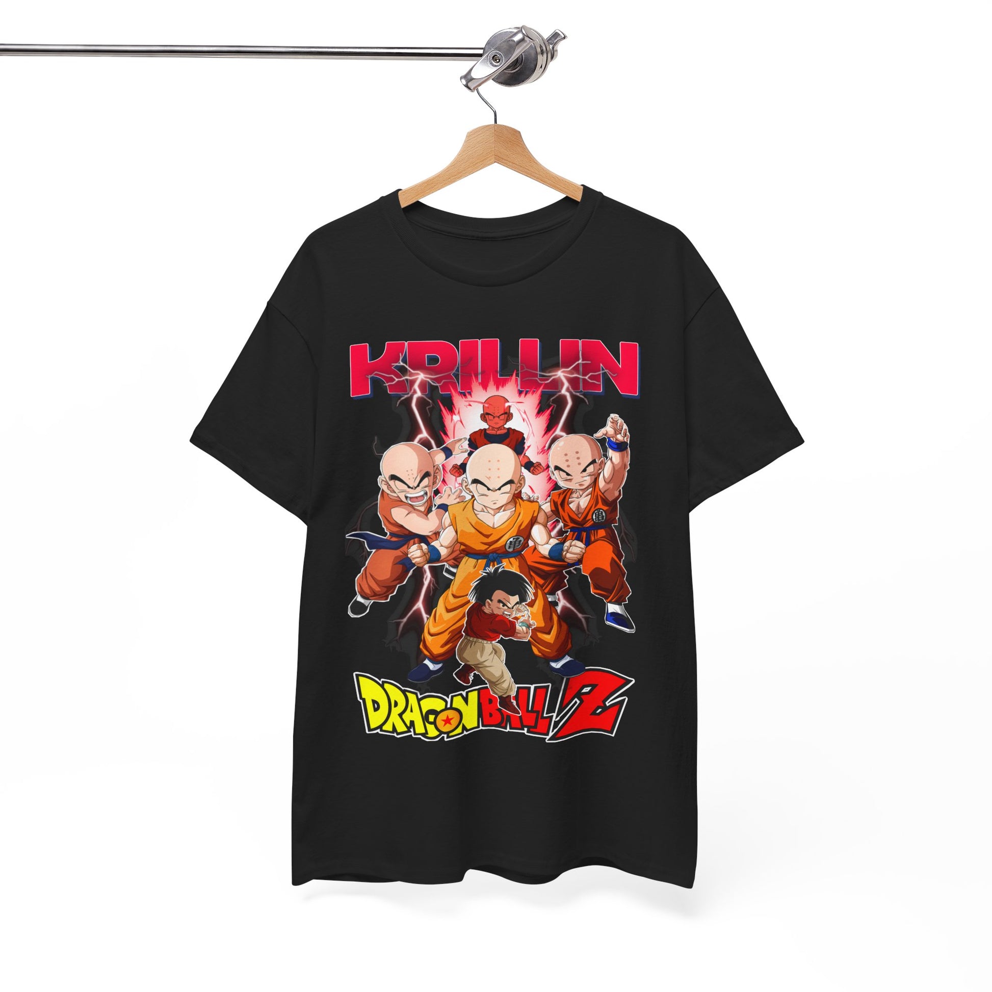 Sophisticated Dragon Ball Z T-shirt elegantly displayed on a hanger, featuring a dynamic Krillin graphic, perfect for discerning fans seeking stylish apparel.
