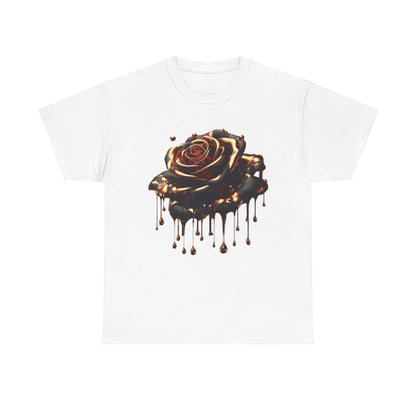 Close-Up Abstract Rose Unisex Cotton Tee Graphic T Shirt featuring a striking artistic rose design with dripping molten elements on a white background, perfect for elevating style.