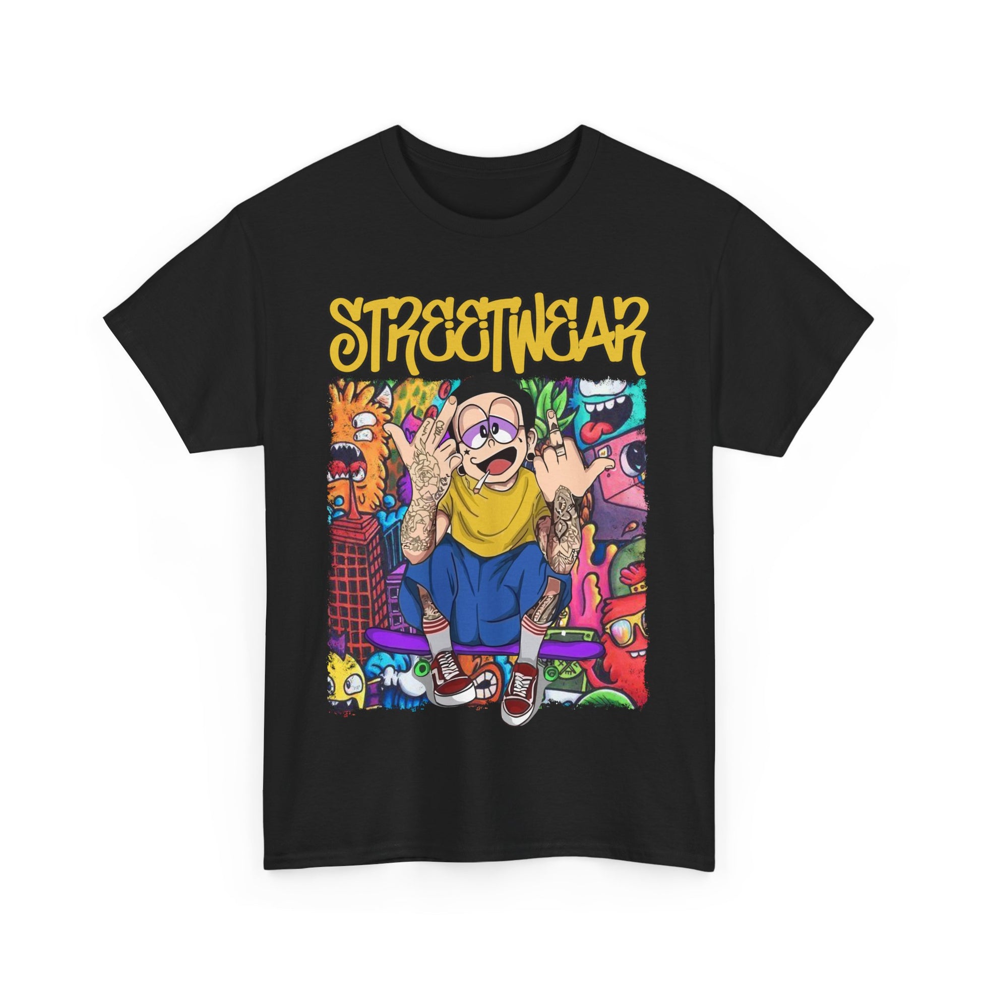 Sophisticated black t-shirt featuring the bold 'STREETWEAR' logo alongside a lively cartoon illustration, ideal for fashion-forward individuals.