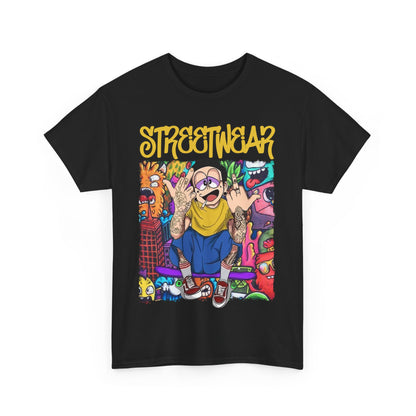 Sophisticated black t-shirt featuring the bold 'STREETWEAR' logo alongside a lively cartoon illustration, ideal for fashion-forward individuals.
