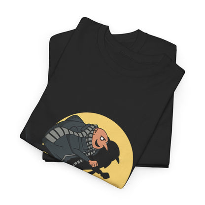 The Adventures of Gru Tin Tin Mashup Unisex Men´s Women´s Graphic T Shirt Tee folded neatly, highlighting the fun design featuring Gru and a Minion. A perfect funny T-shirt for anyone who enjoys Minions-inspired apparel.