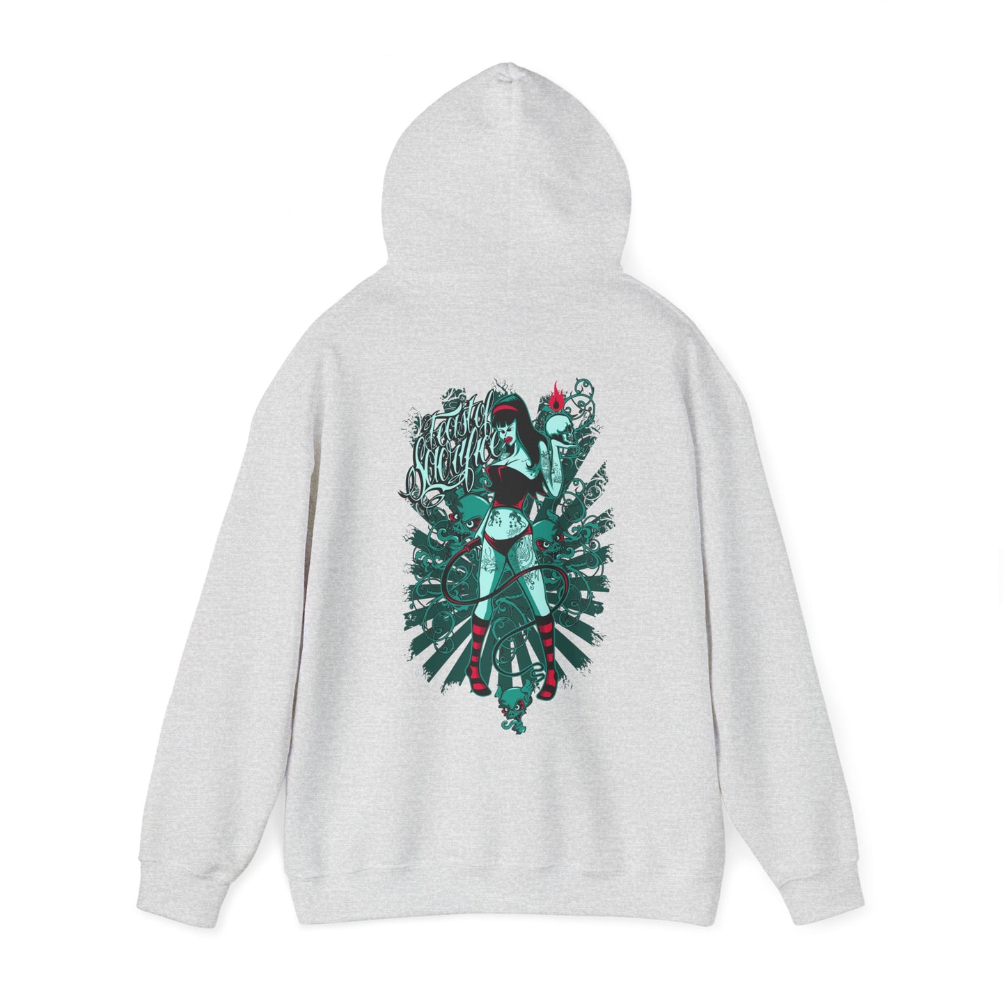 Chic grey hoodie featuring an artistic back design with a striking woman and intricate motifs, ideal for a fashionable look.