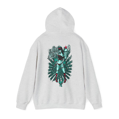 Chic grey hoodie featuring an artistic back design with a striking woman and intricate motifs, ideal for a fashionable look.