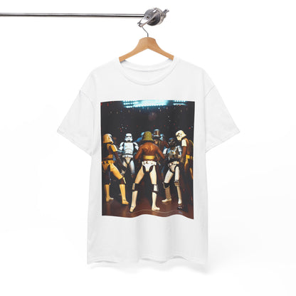 Stylish white Men's T-shirt hanging elegantly on a wooden hanger, featuring a captivating Stormtrooper design that embodies sophistication and fandom.