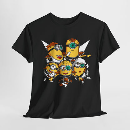 Minions Starcom Unisex Mens Womens Graphic Funny T Shirt Tee featuring five Minion characters in playful poses with dynamic expressions, set against a stylish black backdrop. Ideal for fans of funny graphic tees and Minions.