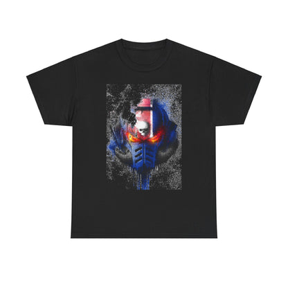 High-end graphic tee showcasing a captivating helmet illustration, emphasised by bold colours and intricate textures, perfect for lovers of pop culture and unique fashion.