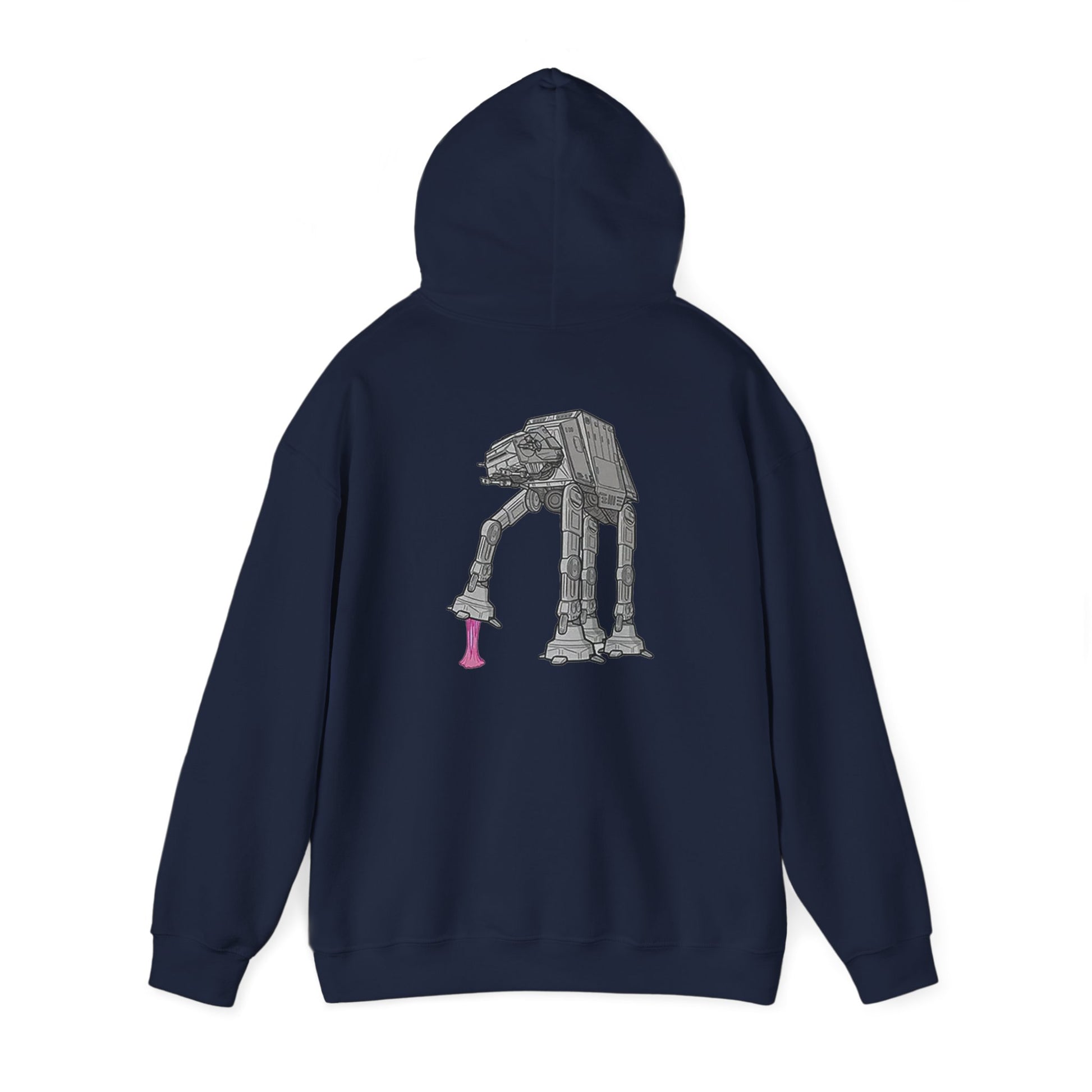 Dynamic back print hoodie featuring a striking grayscale illustration of an AT-AT from Star Wars, accented with vibrant pink gum, offering a bold statement piece for luxury loungewear.