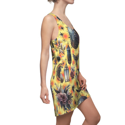 Model wearing the Elegant Women's Designer Racerback Dress with an eye-catching yellow design and detailed graphics, demonstrating style for summer gatherings.