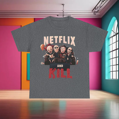 Netflix and Kill Graphic T-Shirt in classic grey, artistically depicting notable horror characters for a sophisticated yet playful fashion statement.