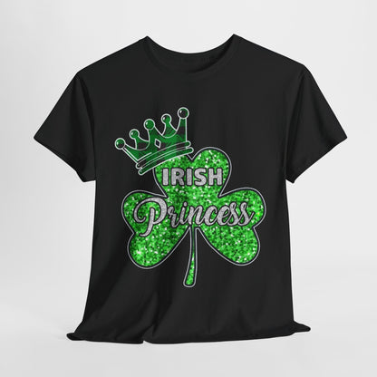 Luxury St. Patrick’s Day Women's Graphic Cotton T-Shirt featuring a sparkling glitter shamrock and crown design, ideal for celebrating as an Irish princess.