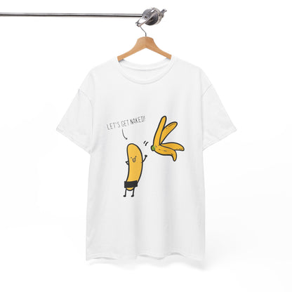 Elegant white t-shirt draped on a stylish wooden hanger, showcasing a cheeky design with the phrase 'LET'S GET NAKED!' and playful banana graphics.