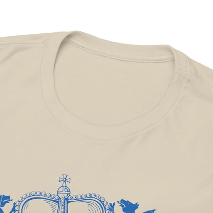 Close-up view of the elegant neckline detail of the Death Valley Skull T-Shirt featuring intricate blue crown graphics against a light cream backdrop.