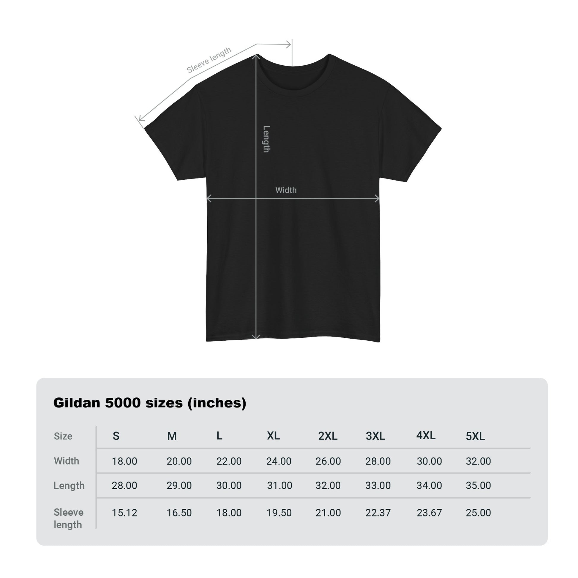 Detailed size guide for Gildan 5000 men's T-shirt, featuring dimensions for S to 3XL sizes, designed for optimal fit and elegance.