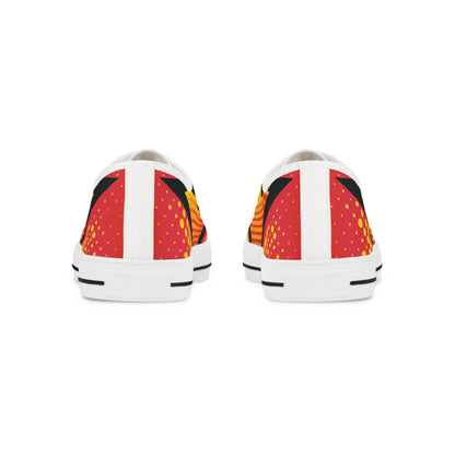 Rear view of the Copy of Zel da Thunderstrike - Men's Lowtop Sneakers, highlighting the unique Pop Art pattern and luxurious red and yellow aesthetic.