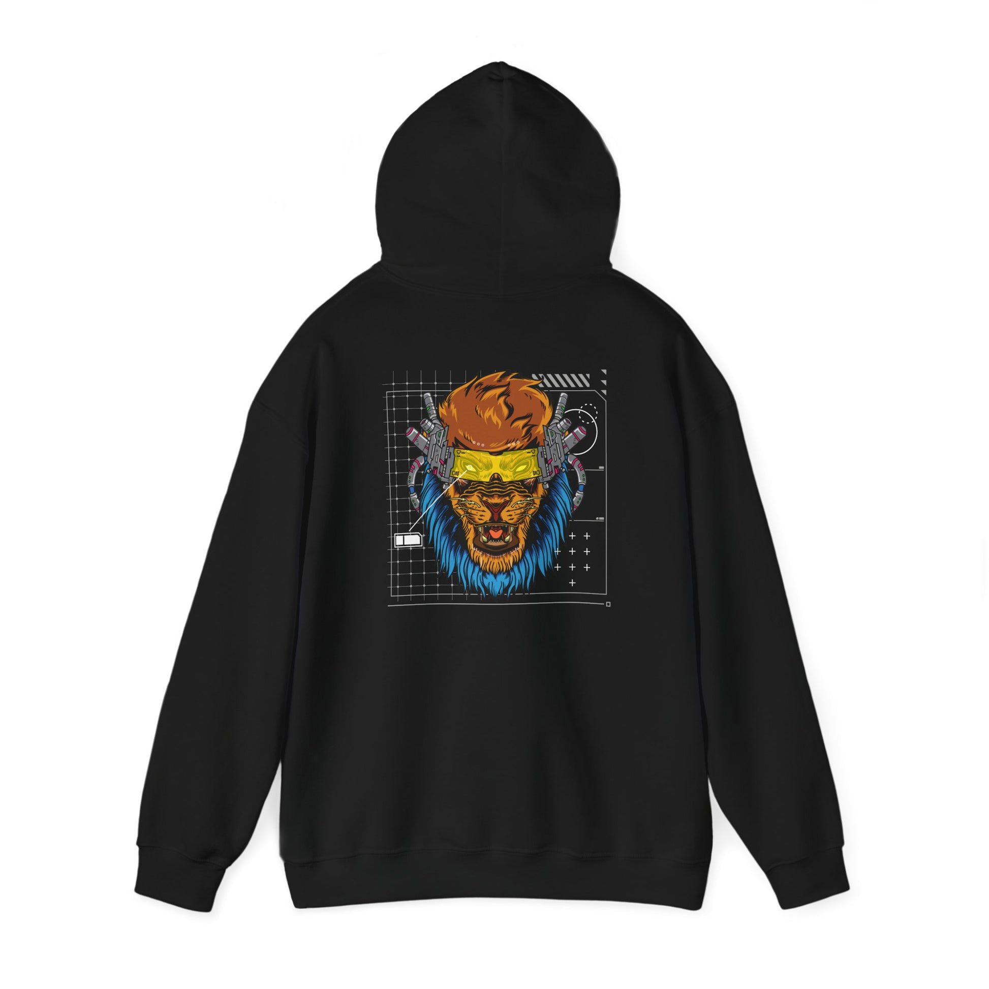 Elegant black hoodie depicting a fierce lion design with futuristic details, making a bold statement in modern fashion.