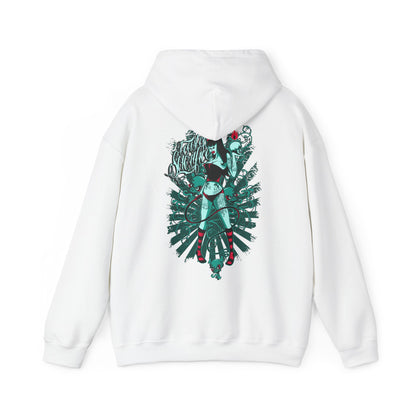 Luxurious white hoodie featuring a striking back print design of a fierce woman entwined with a vibrant green snake, enhanced with artistic blue-green splashes and bold red accents. Perfect for making a fashionable statement.