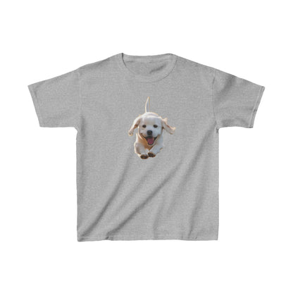 Leaping Puppy Kids Tee featuring an adorable leaping puppy design on a grey cotton t-shirt for children, perfect for young animal lovers.
