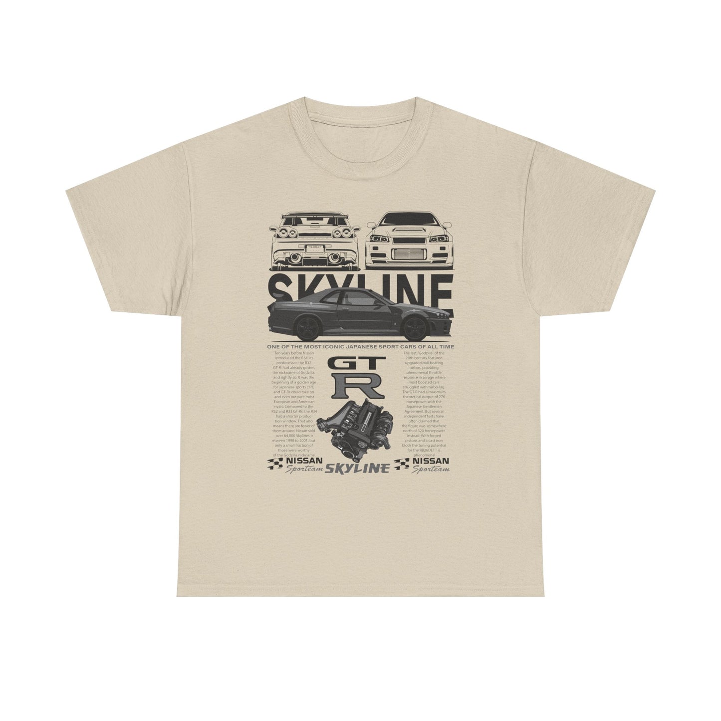 Elegant beige Nissan Skyline GT-R men’s t-shirt, beautifully displaying classic sports car graphics along with a distinguished cutaway of the GT-R engine, perfect for automotive enthusiasts.