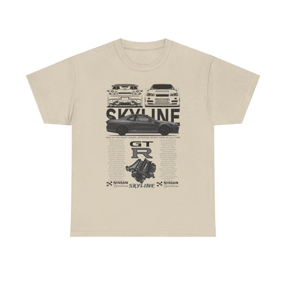Elegant beige Nissan Skyline GT-R men’s t-shirt, beautifully displaying classic sports car graphics along with a distinguished cutaway of the GT-R engine, perfect for automotive enthusiasts.