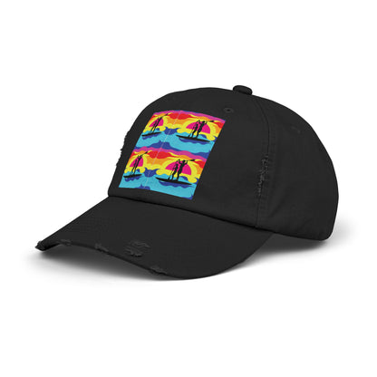 Unisex Distressed Paddleboarders Cap featuring a vibrant fantasy design, perfect for sun protection during outdoor adventures.