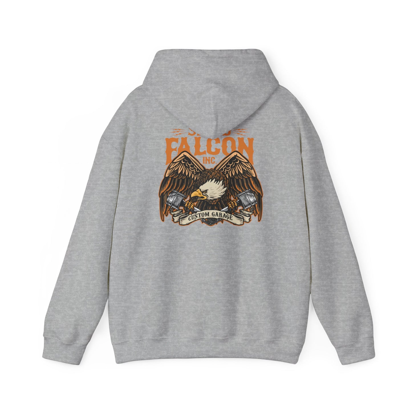 Chic grey hoodie adorned with a striking eagle design, featuring 'FALCON INC.' and 'CUSTOM GARAGE', merging comfort and high-energy aesthetics.
