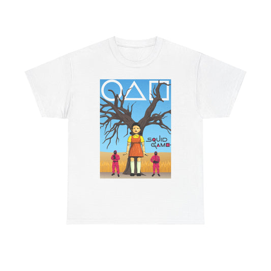 Premium quality white t-shirt with a unique Squid Game graphic depicting an iconic character surrounded by enigmatic elements and bright colours.