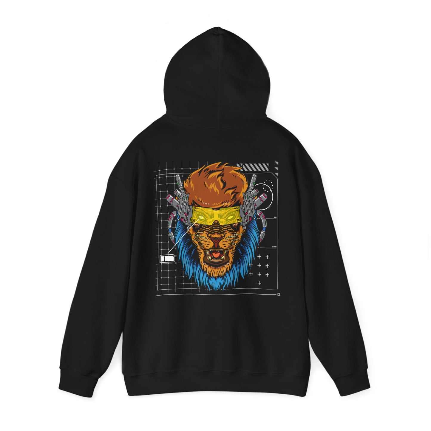 A sleek black hoodie displaying a stunning cyberpunk lion design on the back, featuring vivid colours and intricate detailing on a contemporary digital grid, exuding modern elegance.