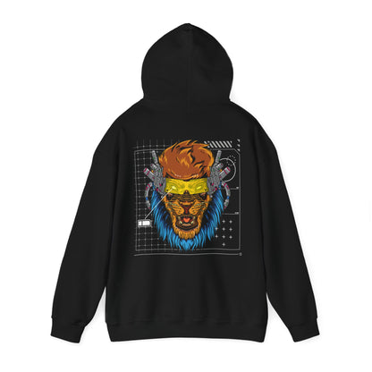A sleek black hoodie displaying a stunning cyberpunk lion design on the back, featuring vivid colours and intricate detailing on a contemporary digital grid, exuding modern elegance.