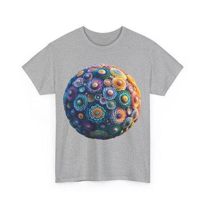 Front view of the Iridescent Floral Sphere Unisex Cotton Tee Graphic T Shirt featuring a vibrant floral sphere design.