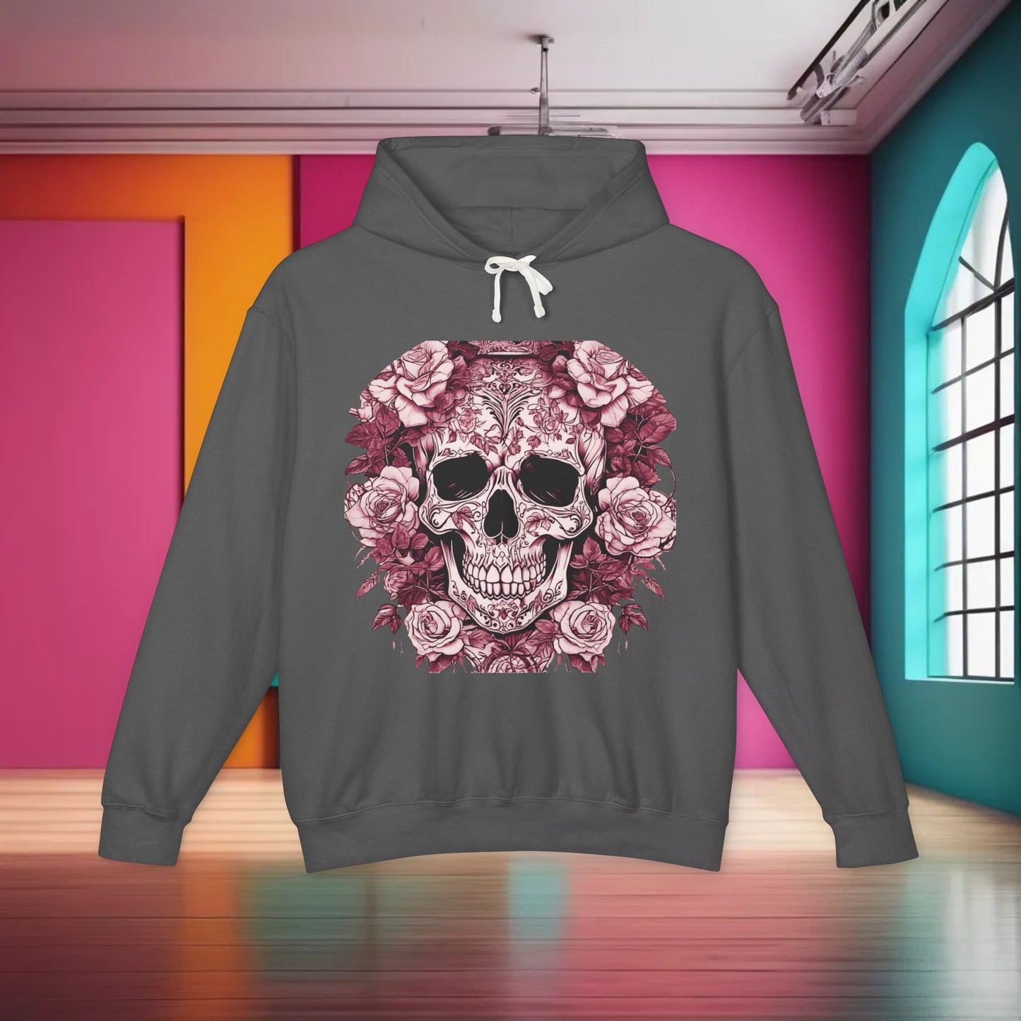 Unisex Lightweight Hooded Sweatshirt unique designer skull and roses