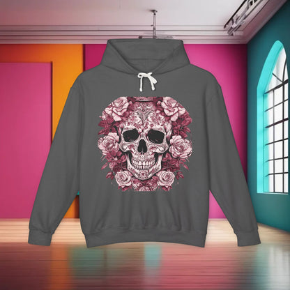 Unisex Lightweight Hooded Sweatshirt in a chic dark grey, adorned with a distinct designer skull and roses design, offering a blend of elegance and edgy style.