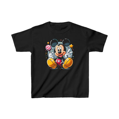Luxury Child's Mickey Mouse Unisex Graphic Tee Shirt for Kids, featuring Mickey in a playful cartoon style with a lollipop, bright colours, and a whimsical design on a black background.