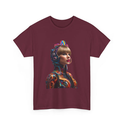 Swifties psychedelic Taylor Swift Heavy Cotton Tee in burgundy featuring a vibrant graphic image of Taylor Swift, perfect for music merchandise enthusiasts.
