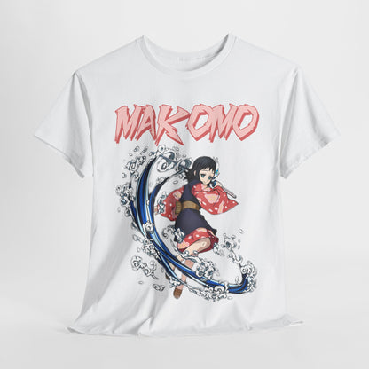 Artistic presentation of a white Makomo anime T-shirt laid flat, showcasing vibrant colours and intricate character illustration.