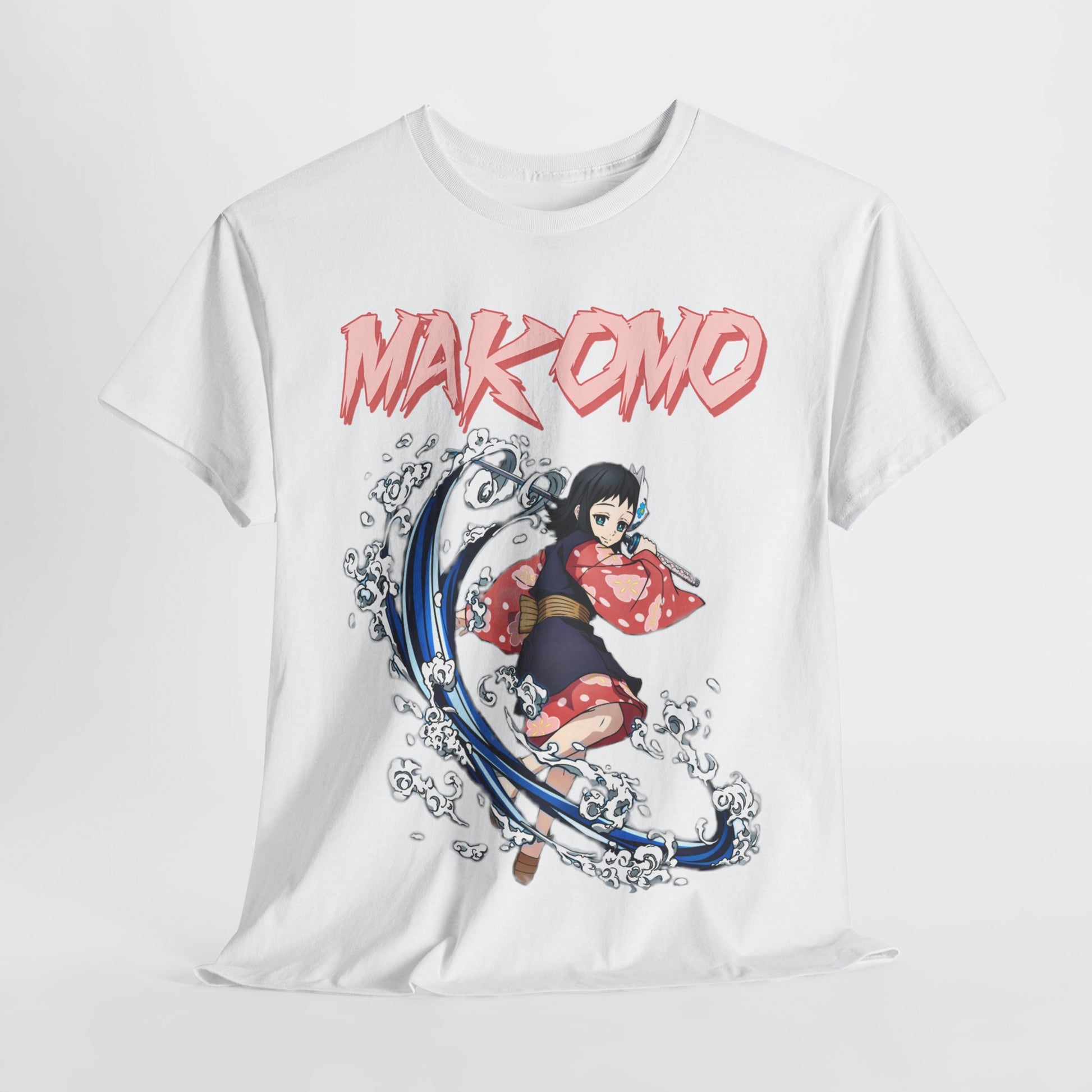 A beautifully presented Makomo anime t-shirt on a minimalist background, featuring exquisite water splash artistry and elegant typography, ideal for anime enthusiasts seeking sophistication.