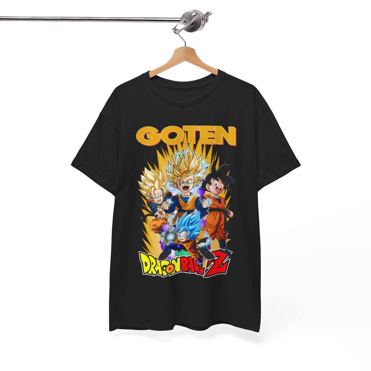 Elegant hanging Dragon Ball Z GOTEN T-shirt featuring iconic characters and striking designs, ideal for stylish anime fashion.