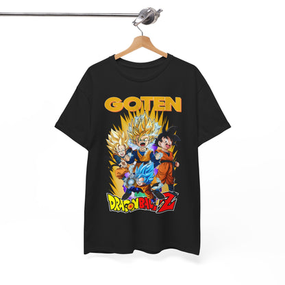 Elegant hanging Dragon Ball Z GOTEN T-shirt featuring iconic characters and striking designs, ideal for stylish anime fashion.