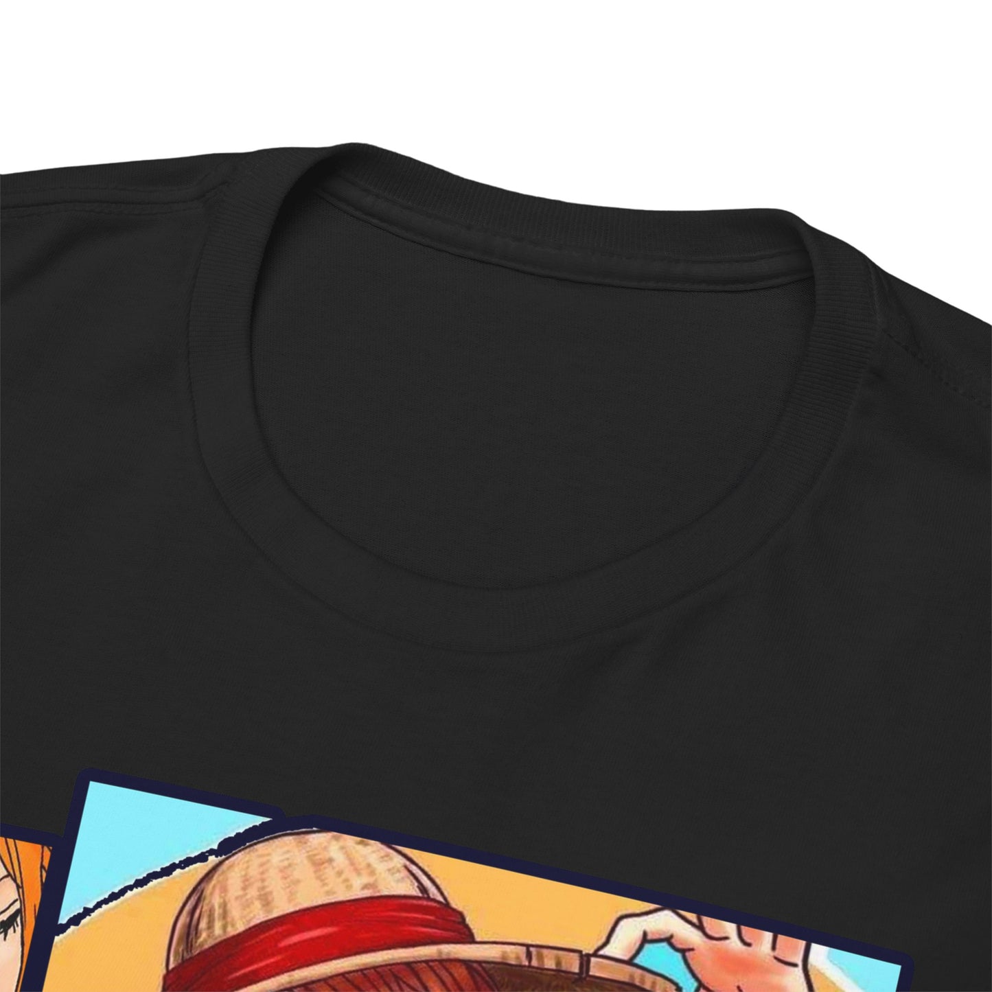 Close-up view of a black T-shirt collar showcasing rich colours and detailed artwork of One Piece characters, embodying luxury and adventure.