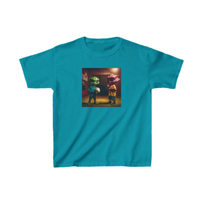 Kids Cute Aliens Heavy Cotton Tee in striking turquoise showcasing adorable alien graphics, ideal for adventurous children.