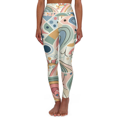 Vibrant pastel leggings with unique geometric design by Dazzling Dreams Studio, showcasing soft tones and bold patterns.