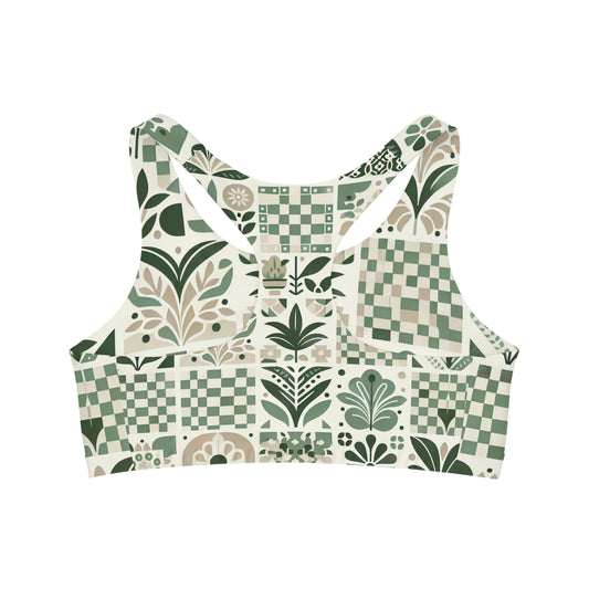 Back view of the Evelyn Atelier Avant-Garde Sports Bra, highlighting its unique design with contemporary patterns and a stylish, comfortable fit for high-performance activewear.