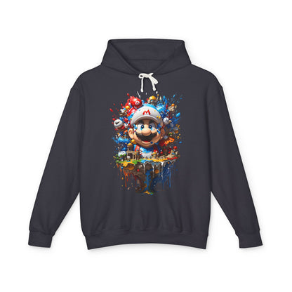 Unisex Computer Game Graphic Lightweight Hooded Sweatshirt in dark grey featuring vibrant gaming-themed graphic design.