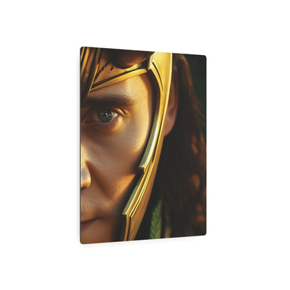 Marvel Loki Metal Art Poster highlighting the distinguished features of Loki, adorned with a luxurious golden helmet and a rich backdrop, made from high-quality aluminium.