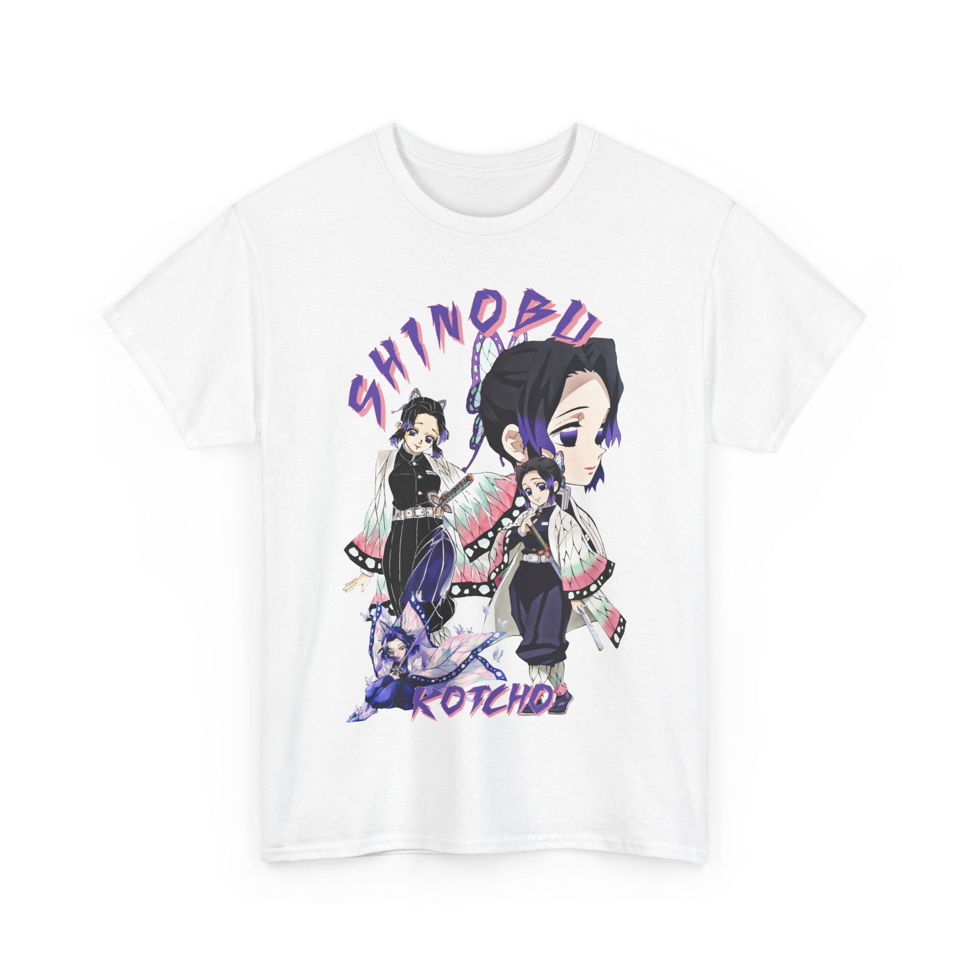 Luxurious white T-shirt featuring a stunning graphic of Shinobu Kocho from Demon Slayer, showcasing intricate butterfly motifs and bold typography, perfect for anime enthusiasts.