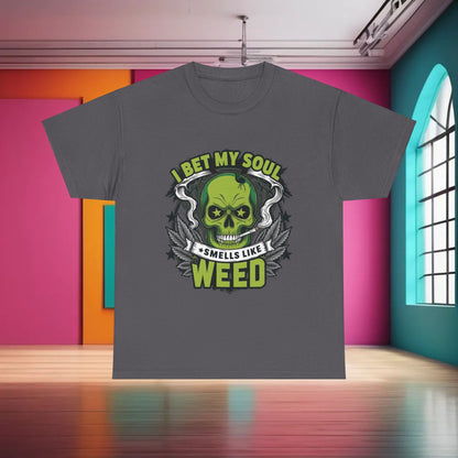 420 Cannabis Marijuana Graphic T-Shirt featuring a vibrant skull design with the phrase 'I Bet My Soul Smells Like Weed', perfect for urban streetwear.