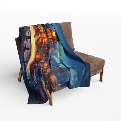 Decorative and Warm Christmas Arctic Fleece Blanket artistically displayed on a chair, featuring captivating imagery that embodies the essence of festive elegance.