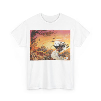 Front view of the Discworld Soul Music Graphic Unisex T-Shirt - Premium Cotton Literary Art Tee featuring vibrant and whimsical illustrations inspired by Terry Pratchett's Discworld.