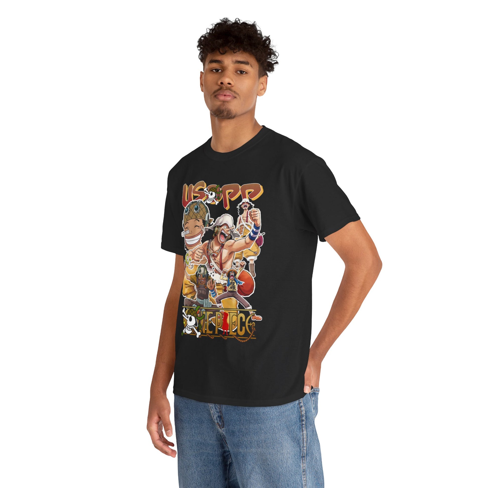 Fashionable young man wearing a stylish black anime t-shirt featuring a colourful collage of iconic characters, ideal for anime enthusiasts.