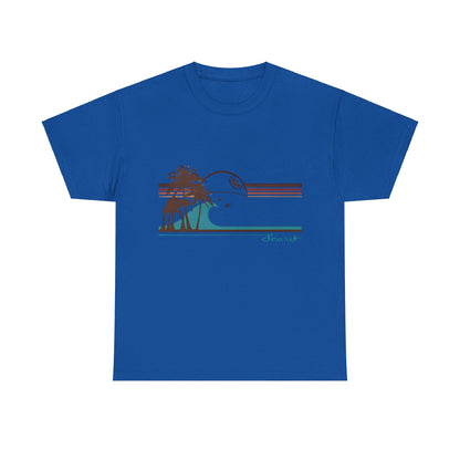 Tie Fighters Holiday on Serif Star Wars Rebel One Graphic Unisex Tee Shirt in a vibrant blue shade, depicting a creative graphic of palm trees and ocean waves.
