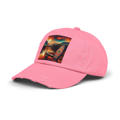 Bright pink Unisex Distressed Paddleboarders Cap with a captivating paddleboarding scene, offering a chic accessory for adventurous spirits.